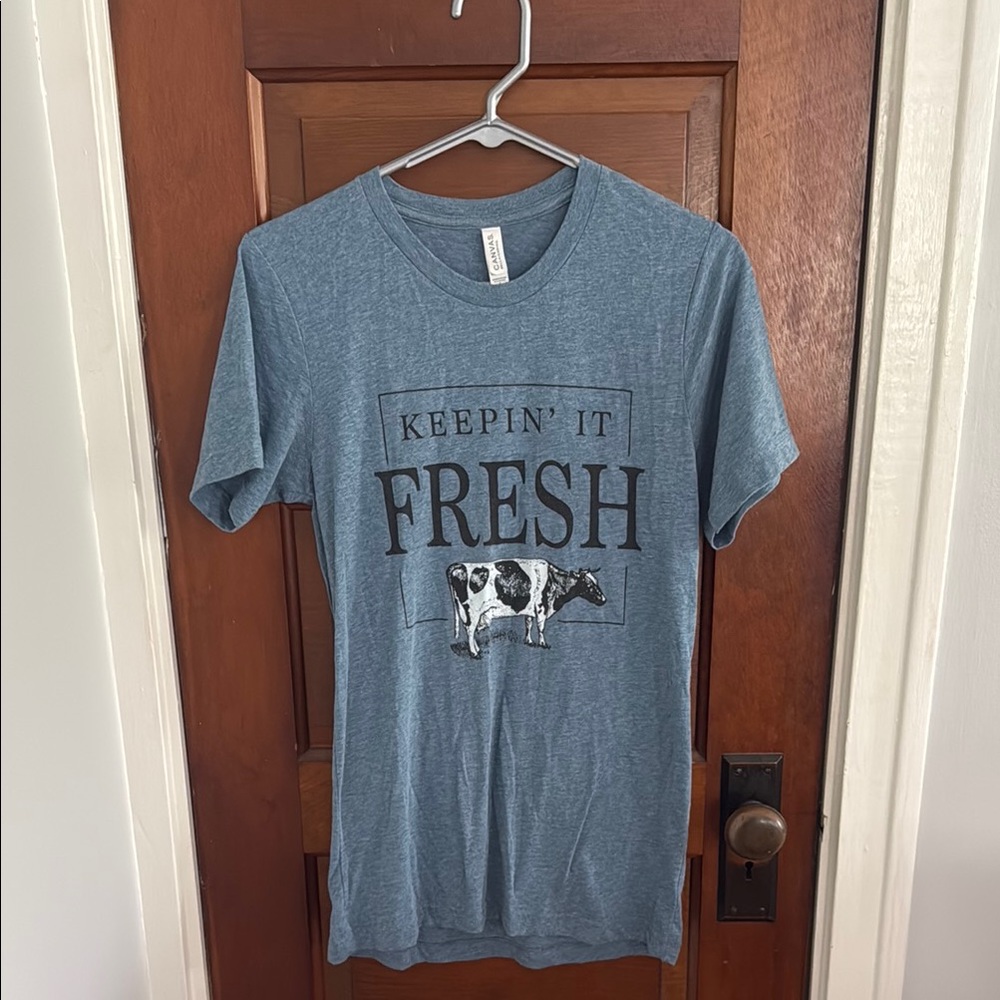 “Keepin’ it fresh” Dairy Cow Blue Graphic T-Shirt